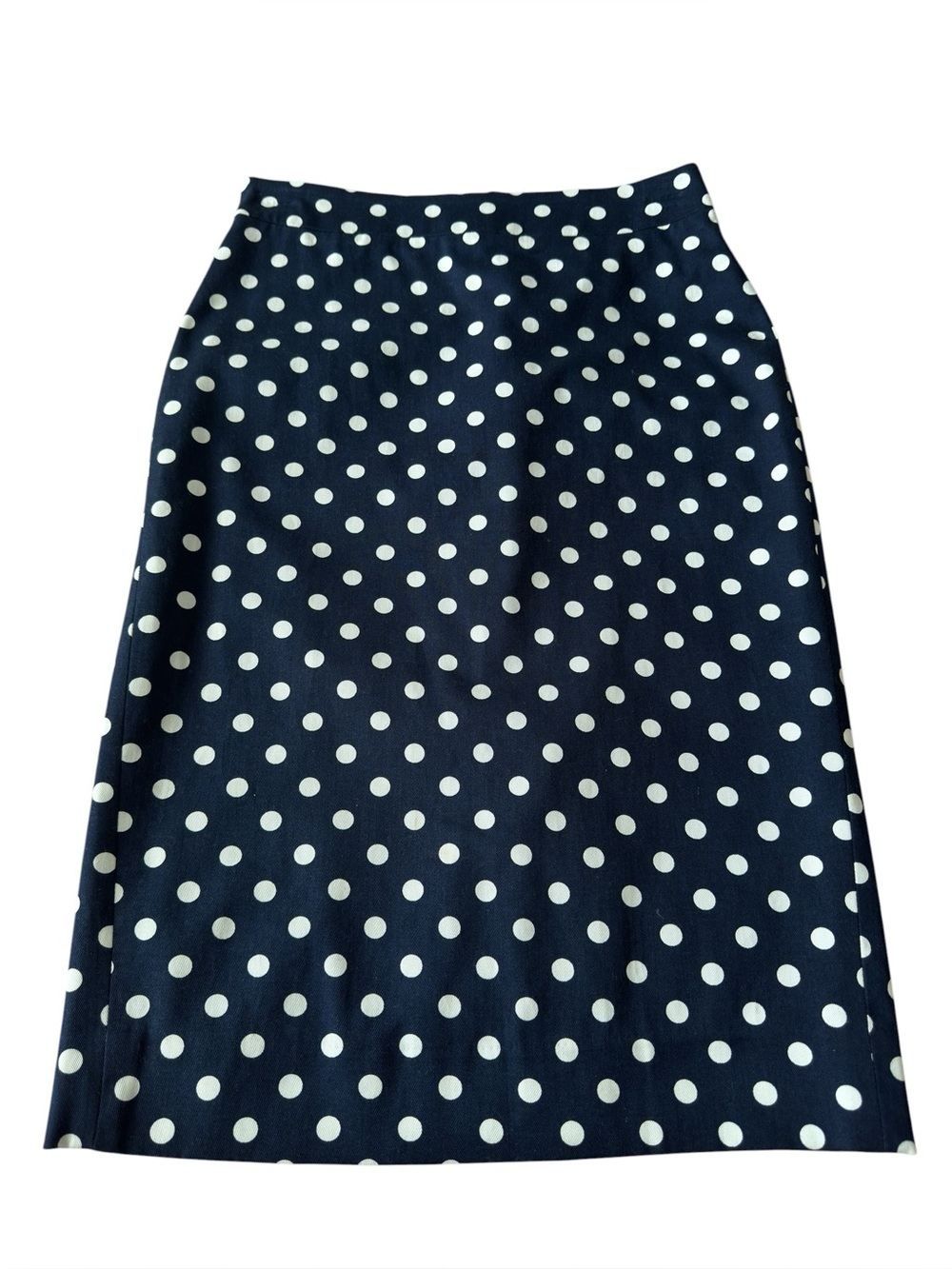 J. Crew Pencil Bi-Stretch Cotton Knee Skirt Size 00 Navy White Polka Dot